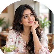 Smiling woman in a white kurti with pink embroidery resting her chin on her hand at a cafe