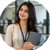 Woman in an embroidered kurti with an ID lanyard holding a laptop in an office