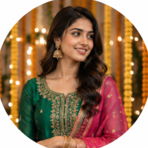 Smiling woman in a green embroidered kurta with a pink dupatta against festive lights