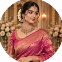 Bride in a pink and gold silk saree with temple jewellery and jasmine in her hair