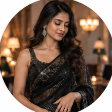 Woman in a black sequinned saree at an evening party