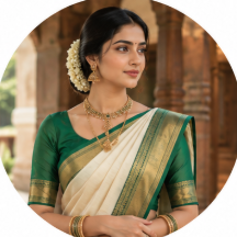 Woman in a cream silk saree with a green and gold border and a green blouse