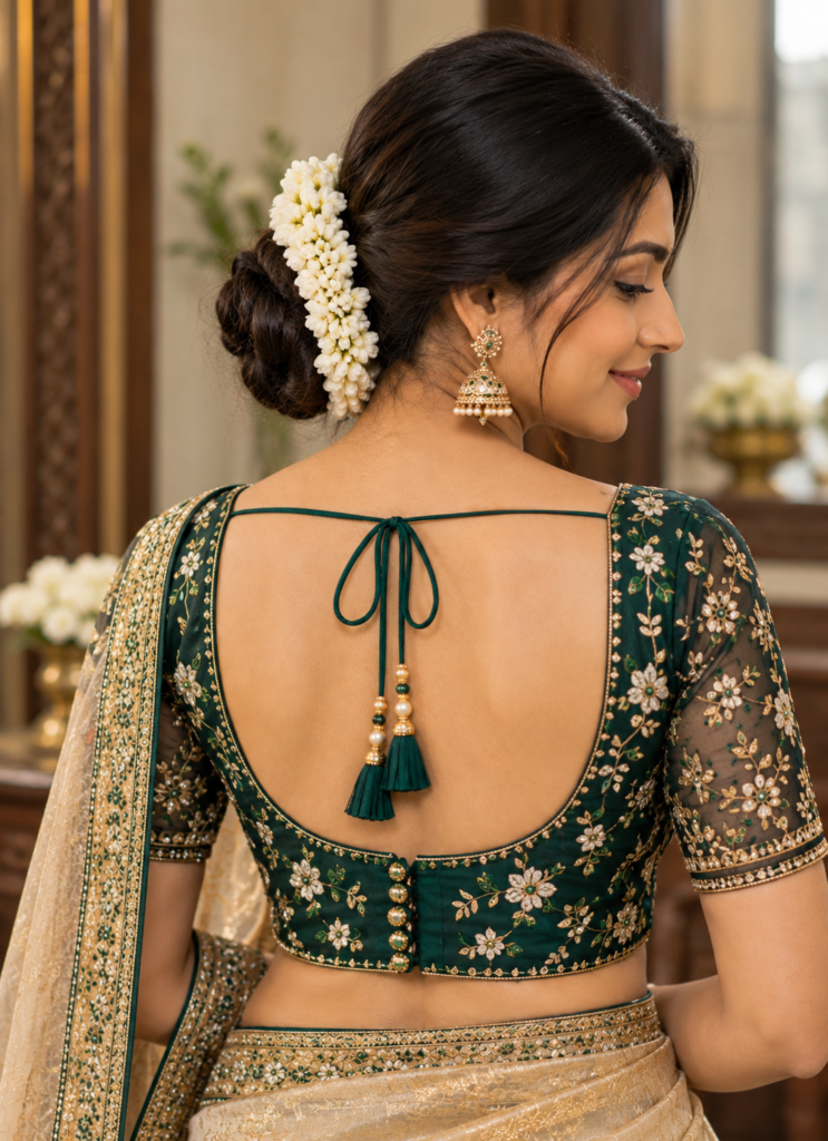 Woman wearing an emerald green embroidered readymade blouse with a tie-back and tassels