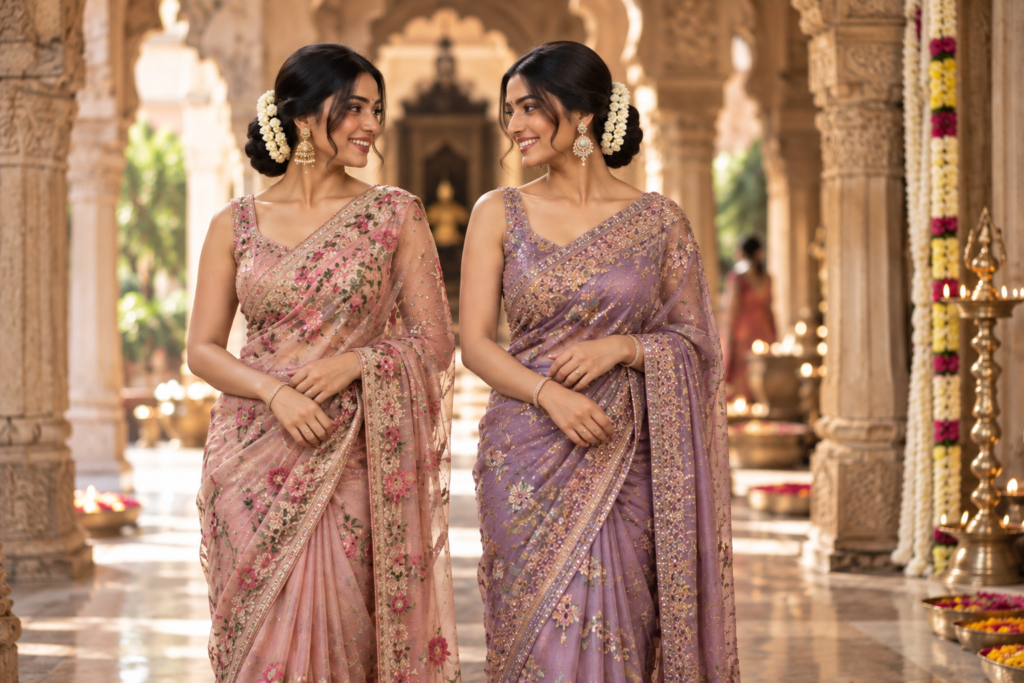 Two women in embroidered pink and lavender designer sarees in a heritage temple corridor