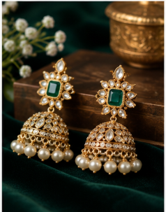Kundan necklace, jhumkas and bangles on teal velvet