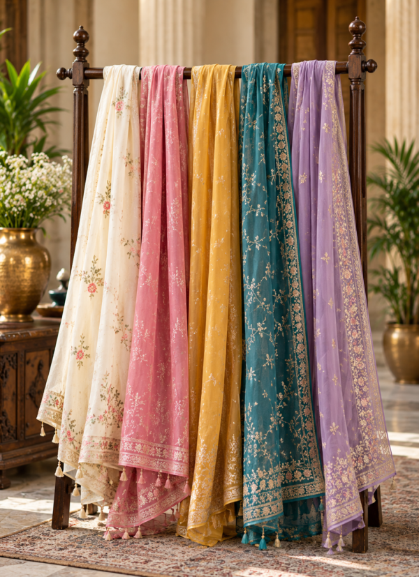 Embroidered dupattas in ivory, pink, yellow, teal and lavender hanging on a wooden stand