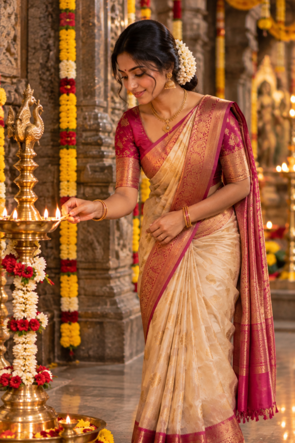 Woman in a cream and magenta silk saree lighting a brass lamp at a festive temple