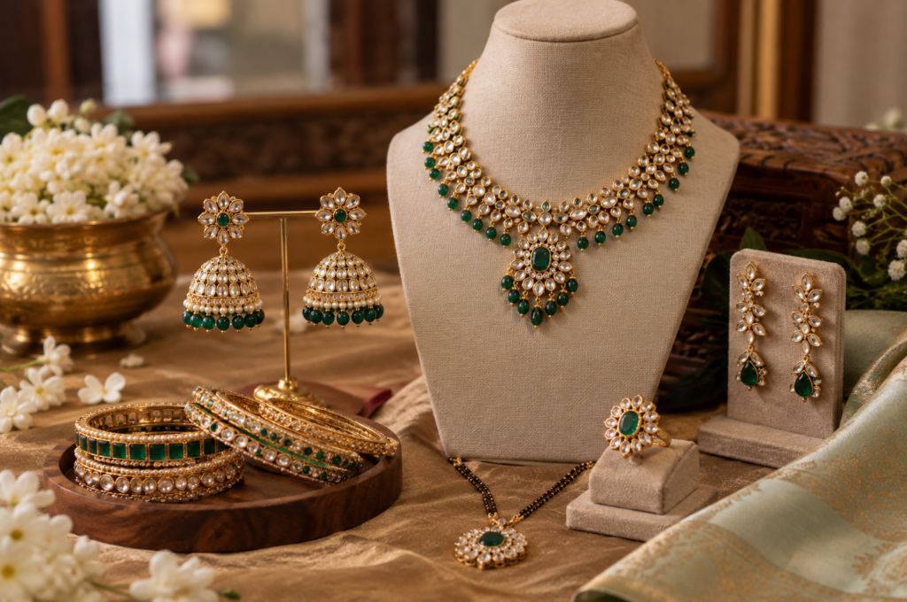 Kundan necklace with emerald drops on a display bust with jhumkas, bangles, drop earrings, a ring and mangalsutra