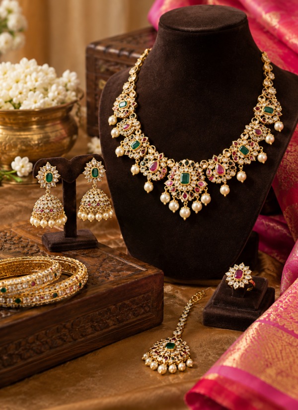 Kundan necklace set with pearl drops, jhumka earrings, bangles, maang tikka and ring