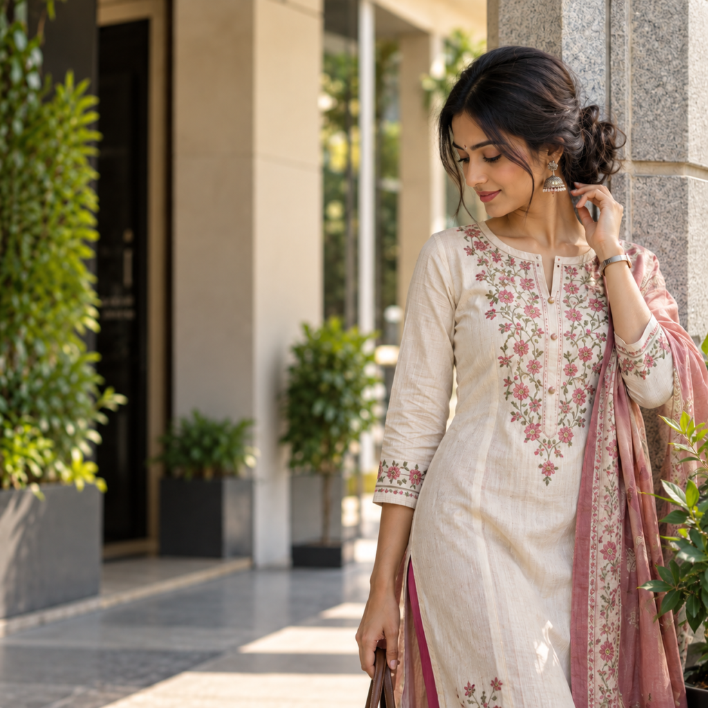 Woman in an ivory kurti with pink floral embroidery and a pink dupatta outside a building