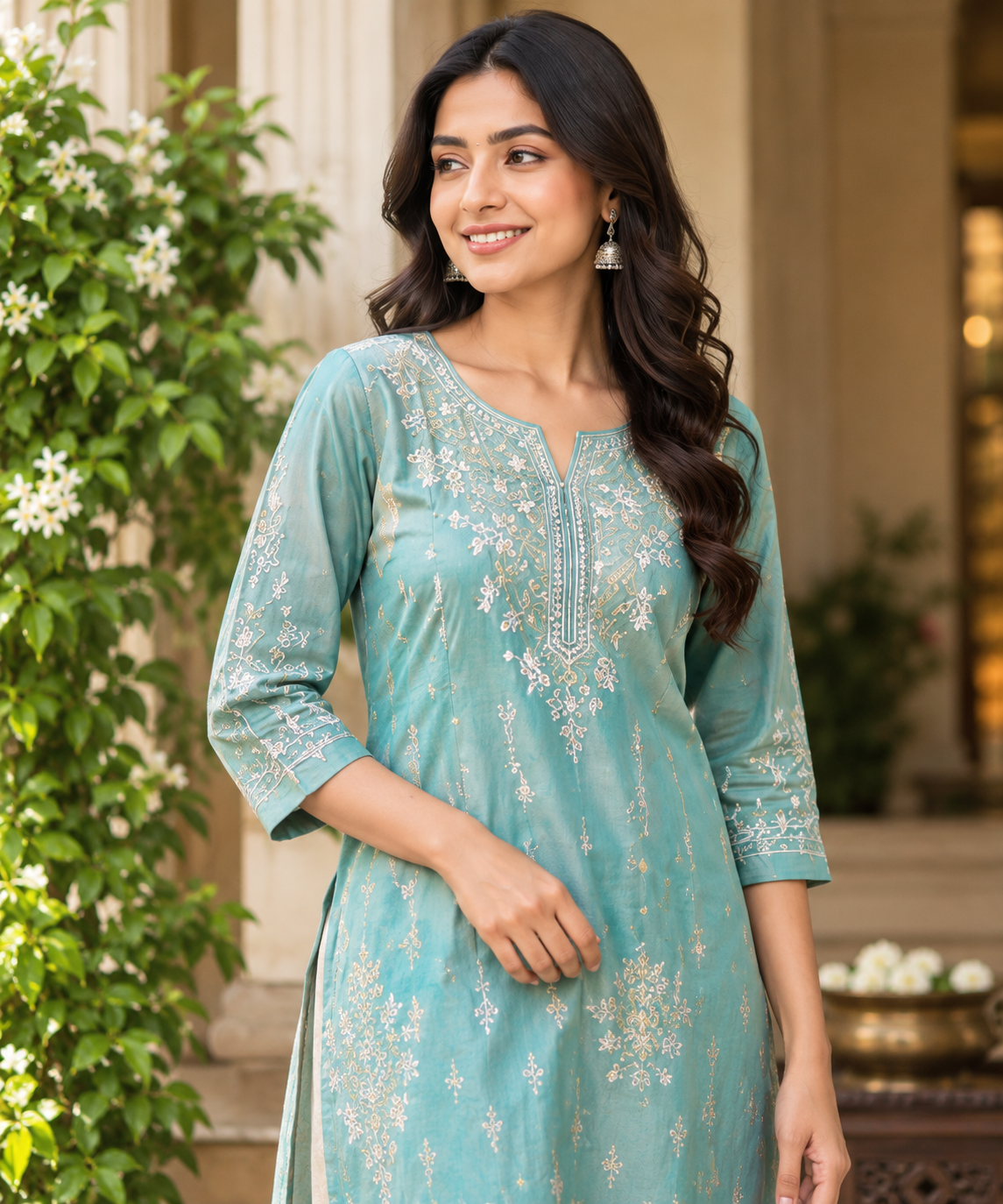 Printed teal A-line cotton kurti