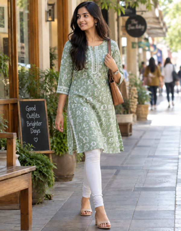 Woman in a sage green printed cotton kurti and white leggings walking down a shopping street
