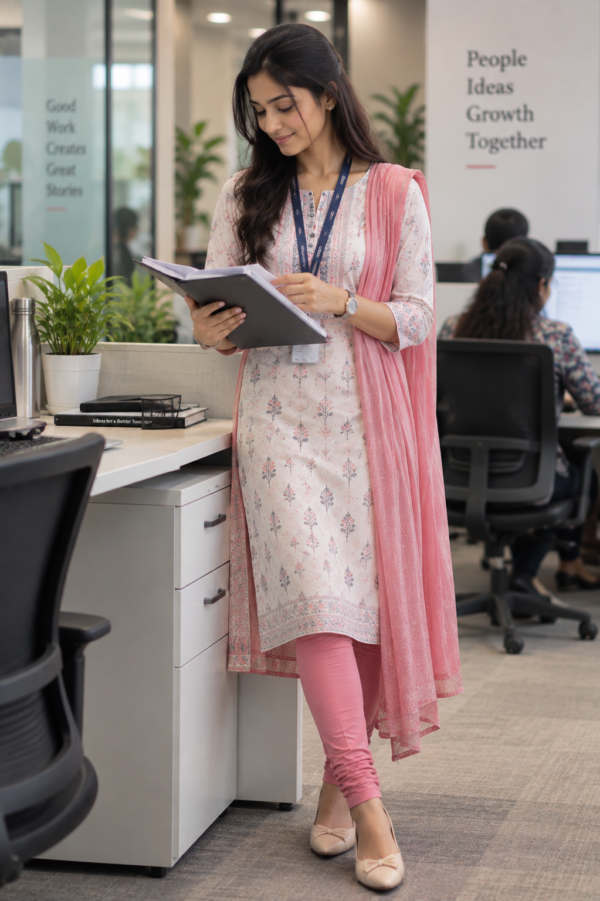 Woman in a printed cotton churidar kurti with a pink dupatta reading a file at the office