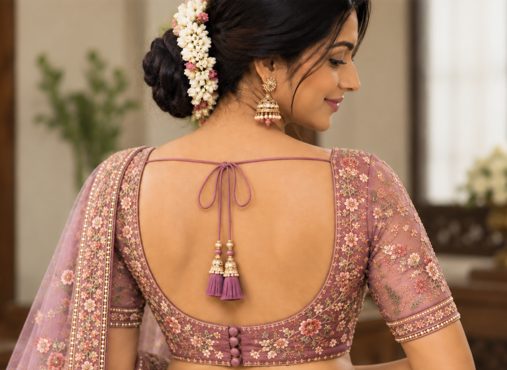 Back view of a mauve embroidered readymade blouse with a tie-back, tassels and button detail