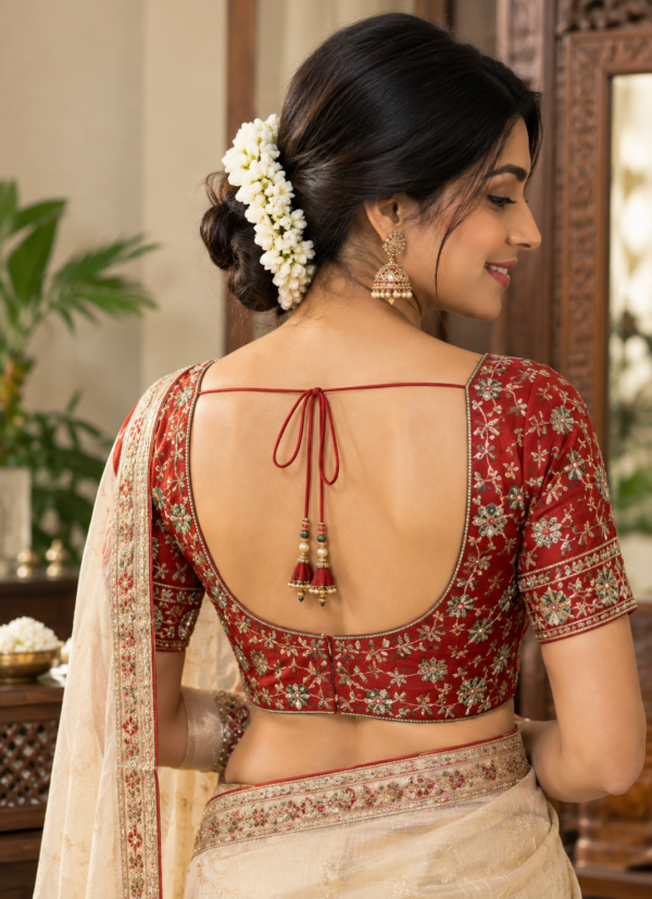 Red embroidered readymade saree blouse with a tie-back and tassels