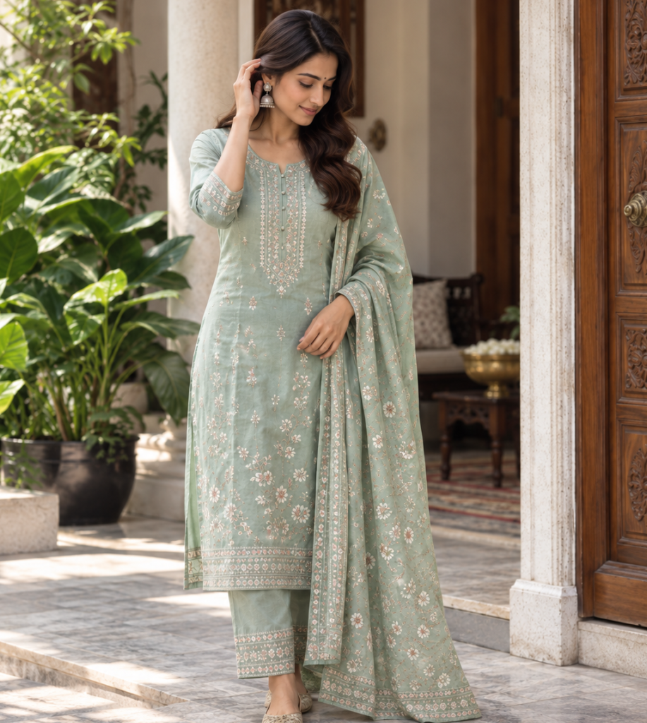 Woman in a sage green embroidered salwar suit with matching dupatta at a carved wooden doorway