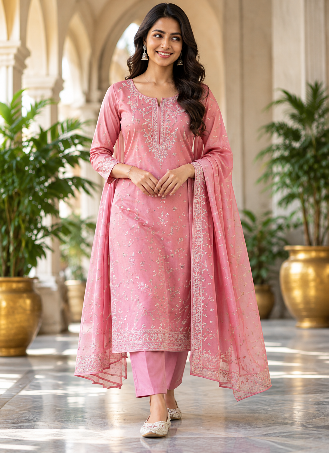 Rose pink salwar suit with embroidered neckline
