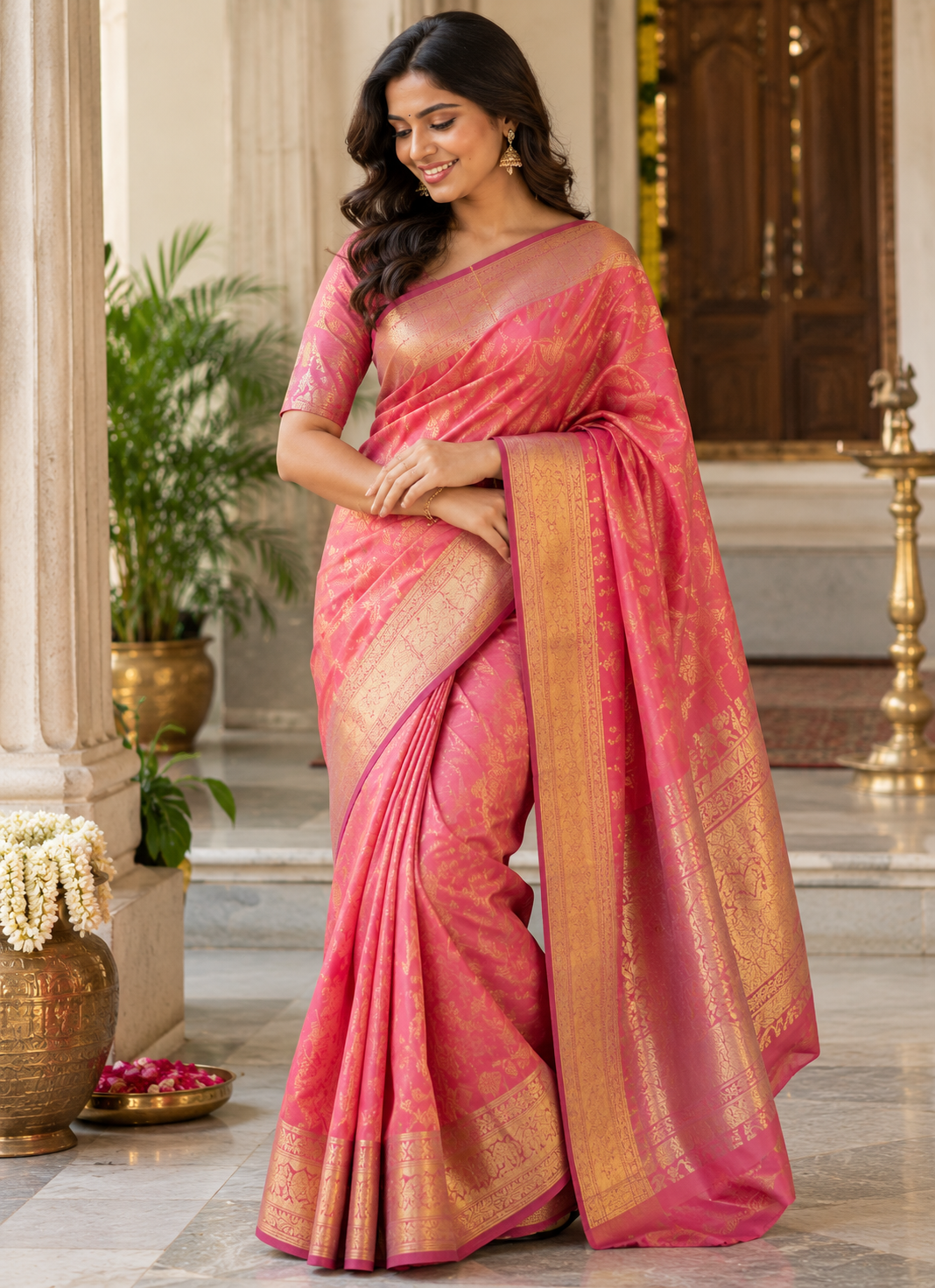 Red saree with a gold zari border at Dress Waves Fashion