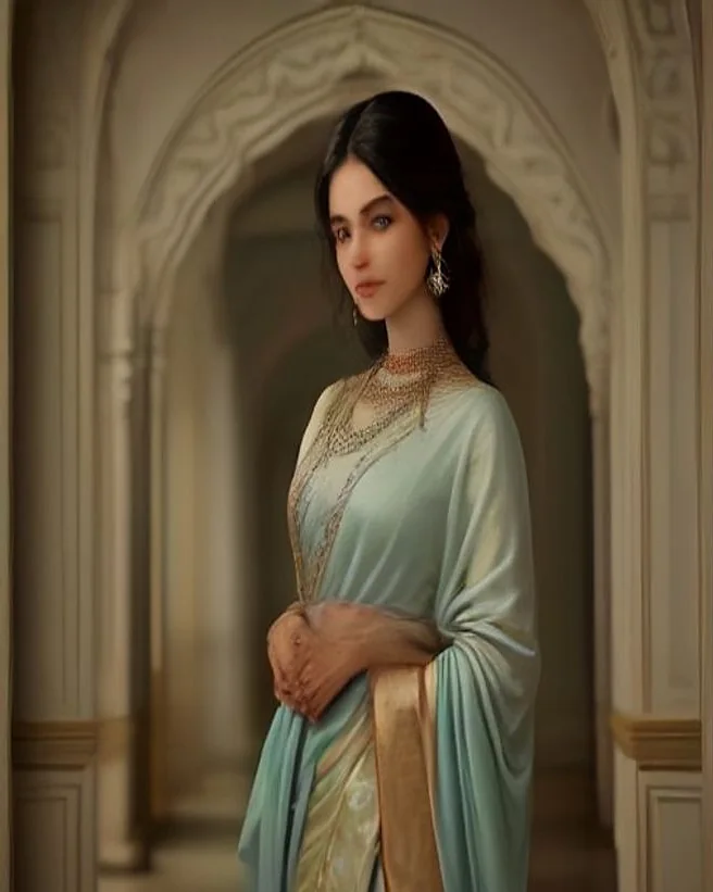 Woman draped in a teal silk saree with a gold zari border